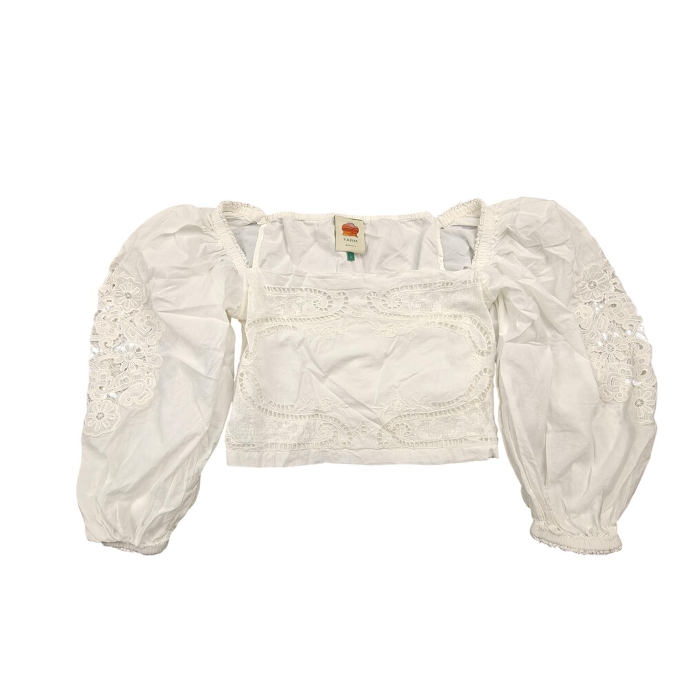 Farm Rio Blouse Womens Large White Cropped Square Neck Embroidered Crochet